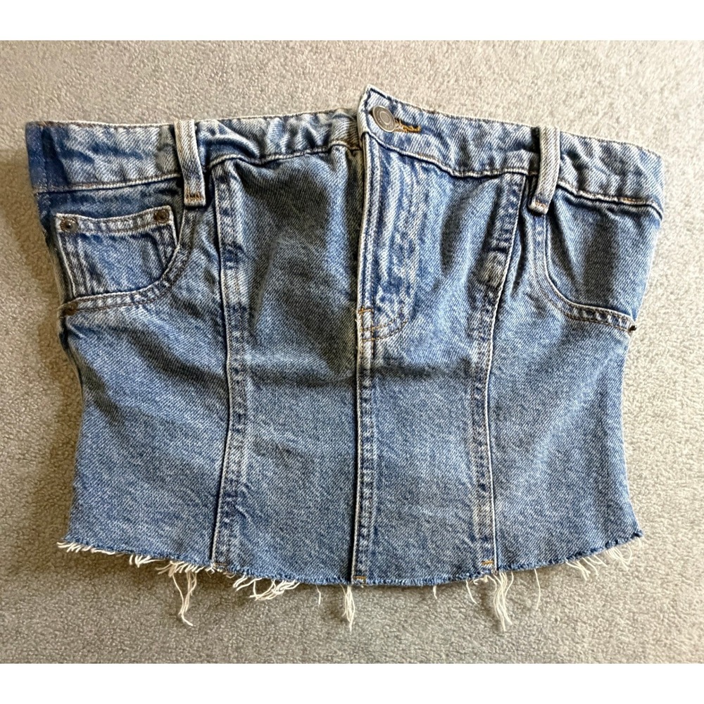 Zara Denim Tube Top Medium Wash Frayed Hem Strapless Corset XS